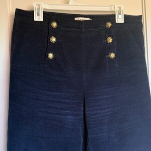 Navy Boot Cut Corduroy Pants with Gold Button Accents
